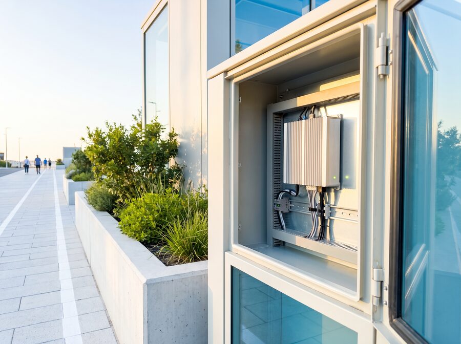 A compact fanless edge computing unit mounted in a weatherproof roadside cabinet
