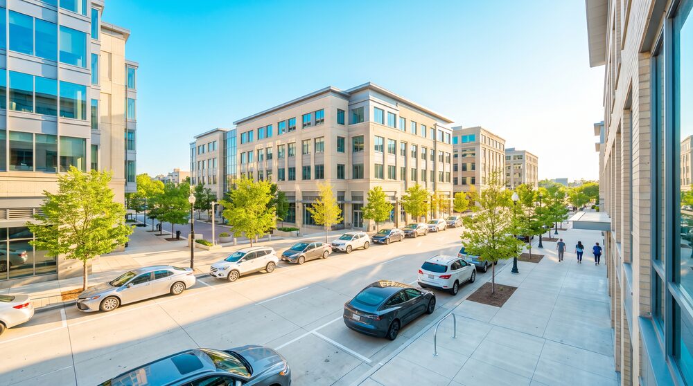 A city street of metered curbside parking on a clear day