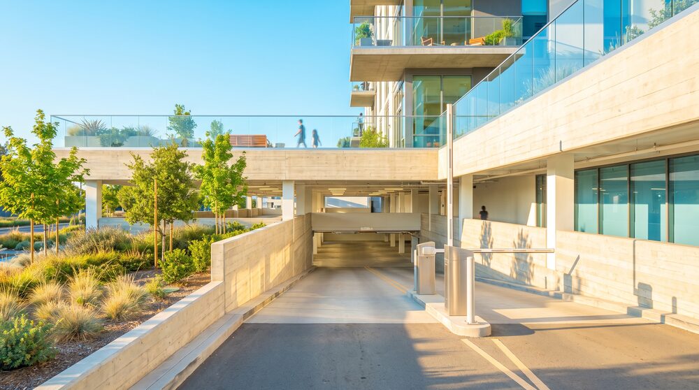A modern residential parking structure entry ramp in daylight