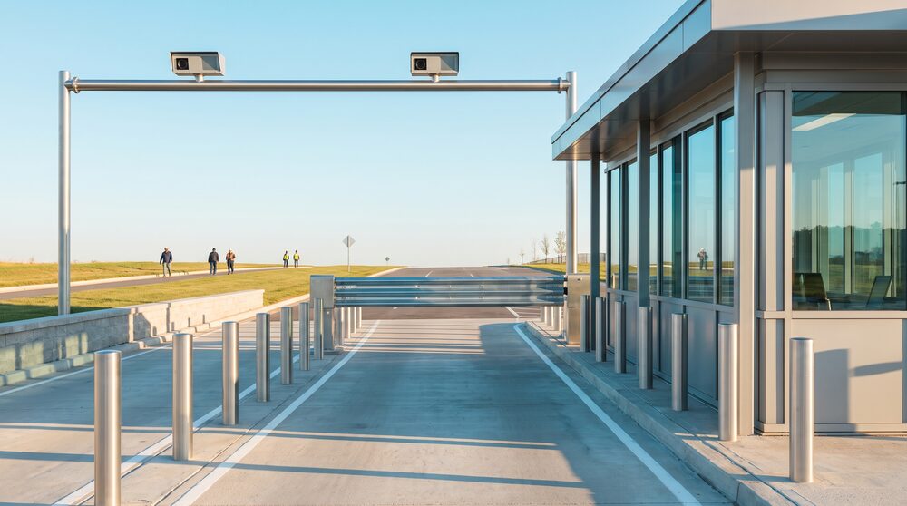 A secure facility vehicle checkpoint in daylight with bollards, a barrier and overhead cameras