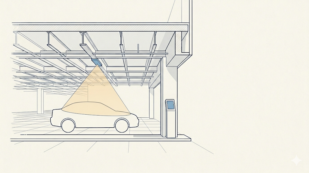 Architectural diagram of SpotShark Video Analytics scanning a vehicle at a garage entry, with a kiosk pillar